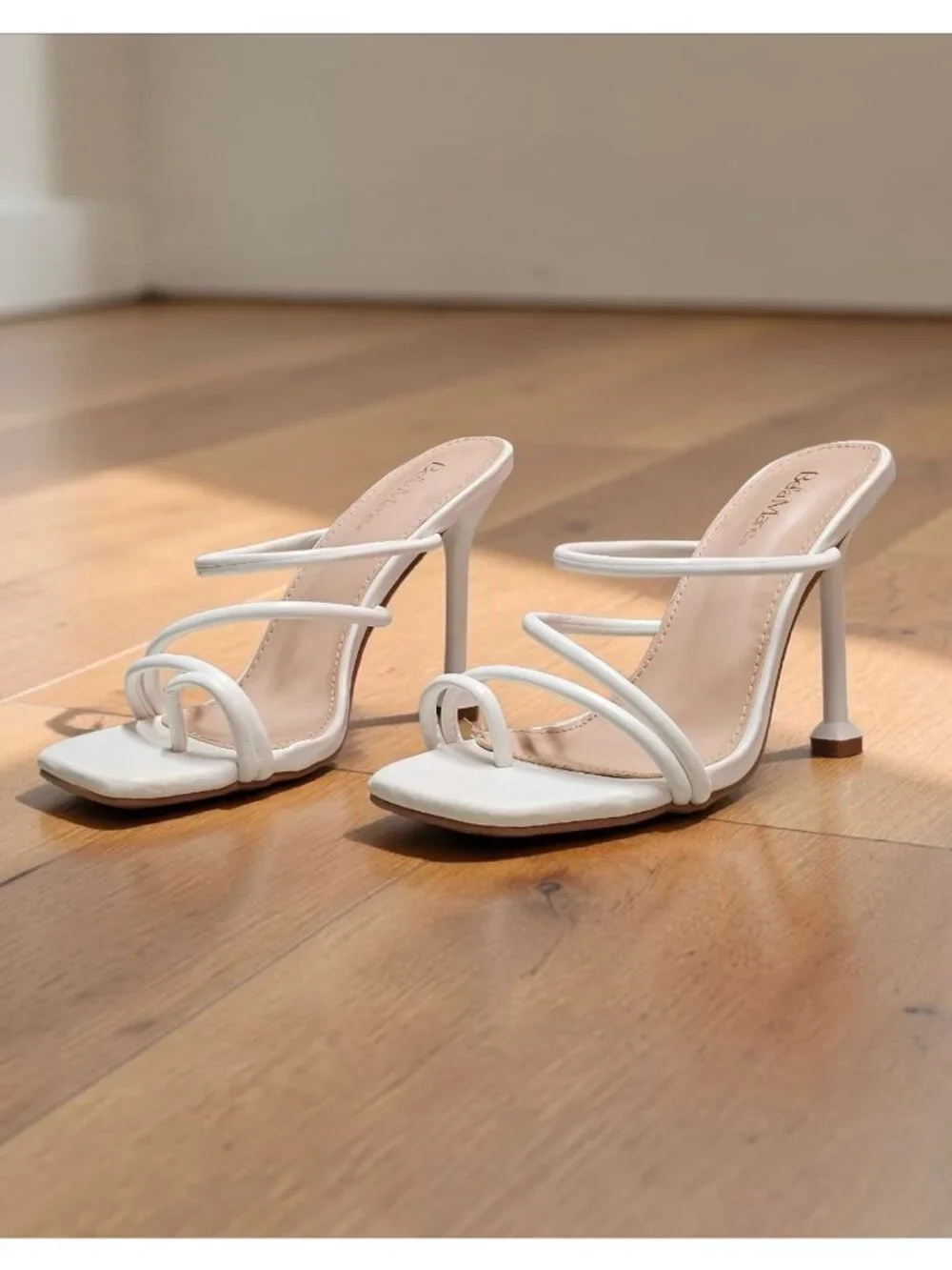 Strappy White High Heel Mules With Square Toe & Slim Stiletto Heels For Women - Picture 11 of 14